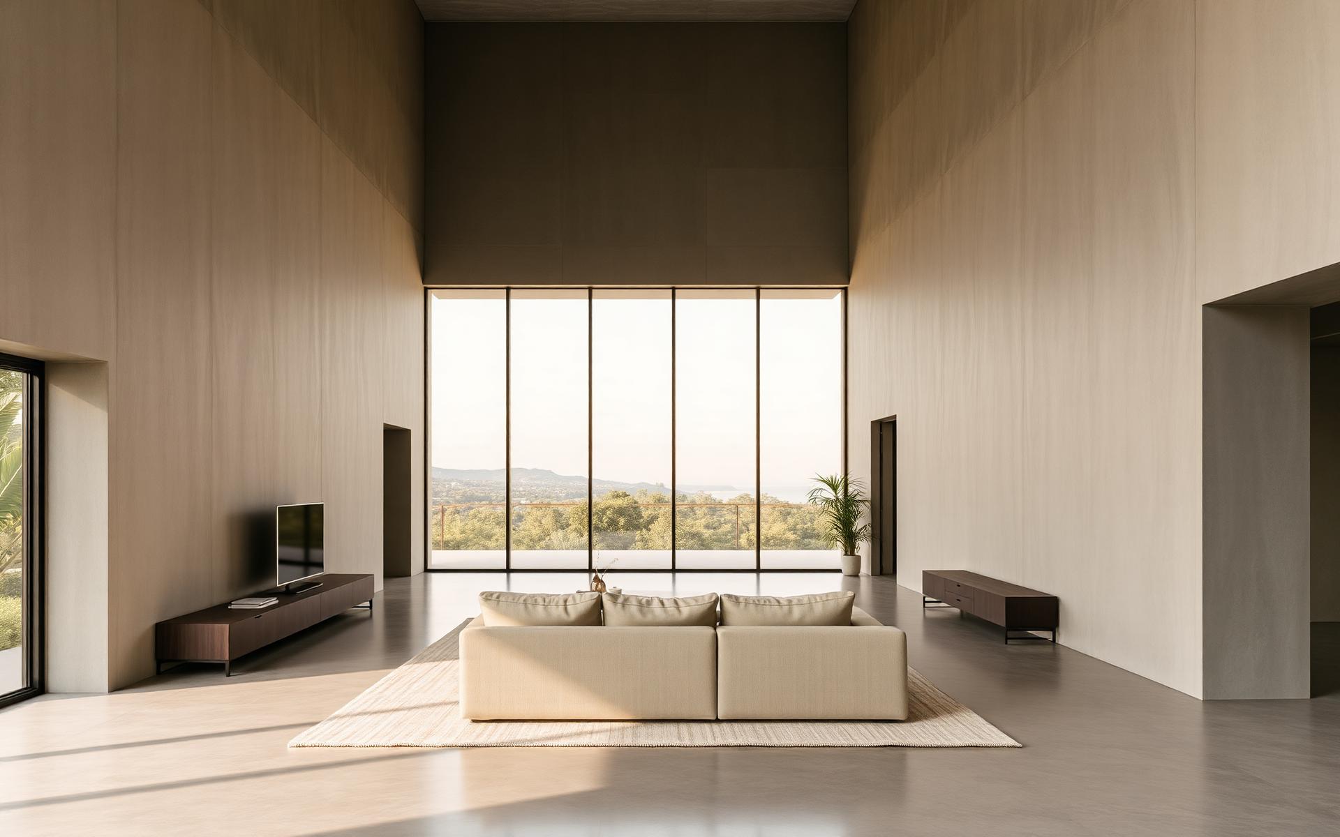 Interior contemporâneo de alto padrão com sofá em linho e vista para a natureza